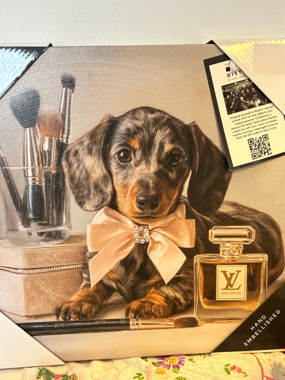 Luxury Dachshund Portrait Canvas with Peach Bow Pets Dog Perfume Wall Art Canvas